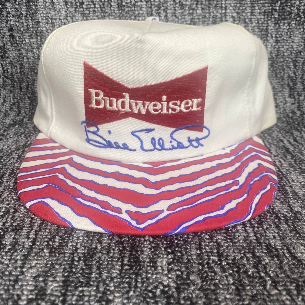 Vtg 90s Bill Elliott Budweiser Racing Hat Snapback Zebra Stripe Wavy Bill Usa